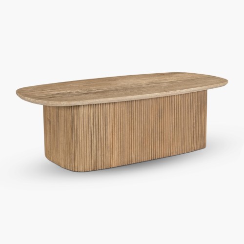 IFIPF-1003 Oval Coffee Table with Travertine Marble, Fluted Base