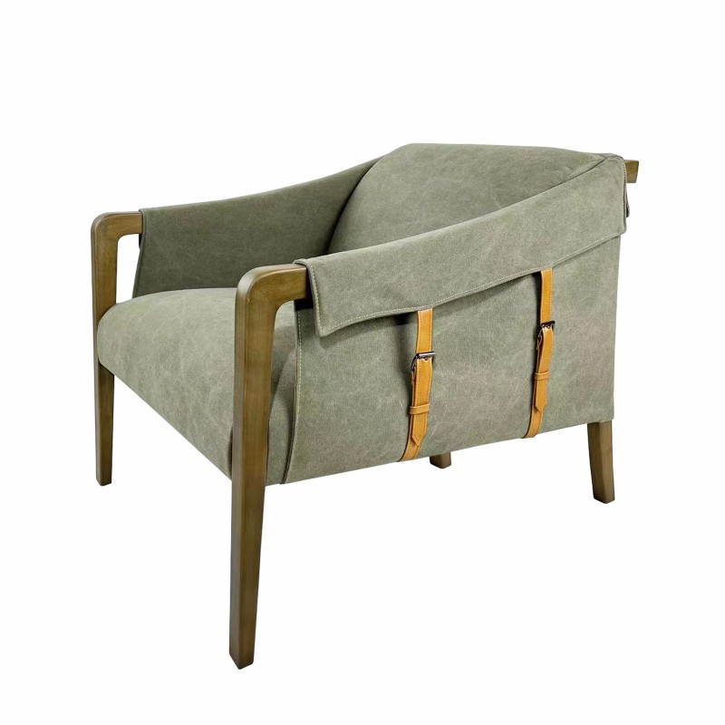 Delphine Club Chair in 013 Denim Fabric, 8010 Top Grain Leather Straps