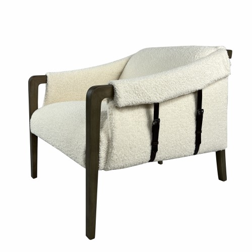 Delphine Club Chair in Shearly Natural Fabric, 8088 Top Grain Leather Straps