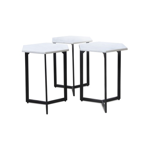 RK-36318B Hex End Table (set of 3) - Black Finish / White Marble