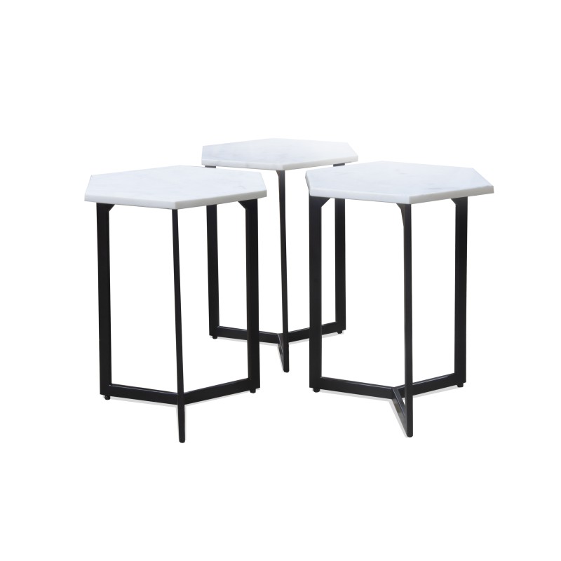 RK-36318B Hex End Table (set of 3) - Black Finish / White Marble