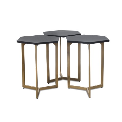 RK-36318G Hex End Table (set of 3) - Gold Finish / Black Marble