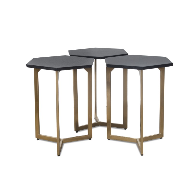 RK-36318G Hex End Table (set of 3) - Gold Finish / Black Marble